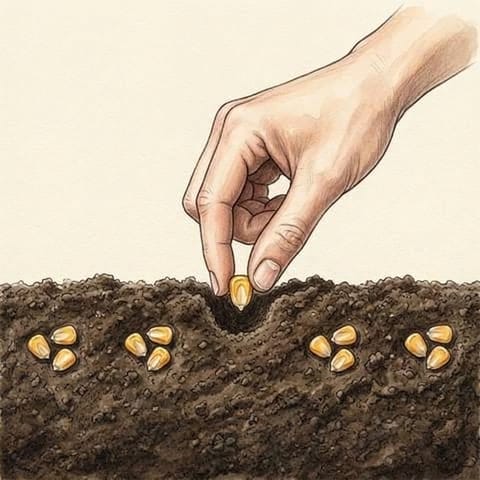 A hand pressing sweet corn seeds into the soil