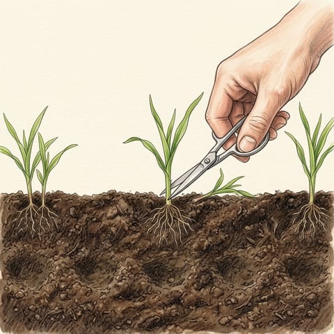 Young sweet corn seedlings, a weaker one being snipped off