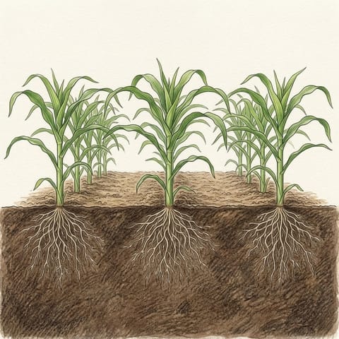 A small block of knee-high sweet corn plants