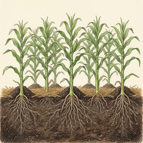 Sweet corn with soil mounded around the stems and straw mulch