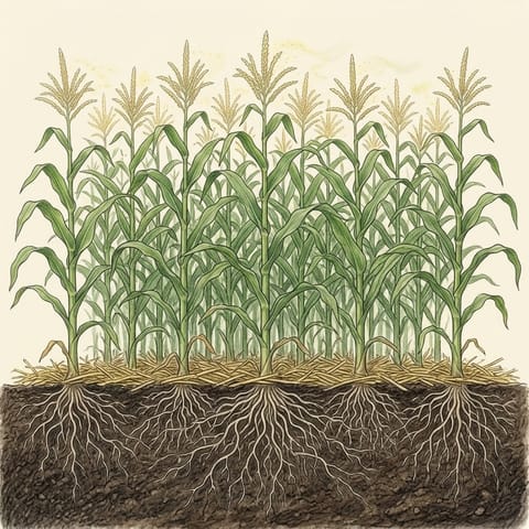 Tall sweet corn with golden tassels shedding pollen