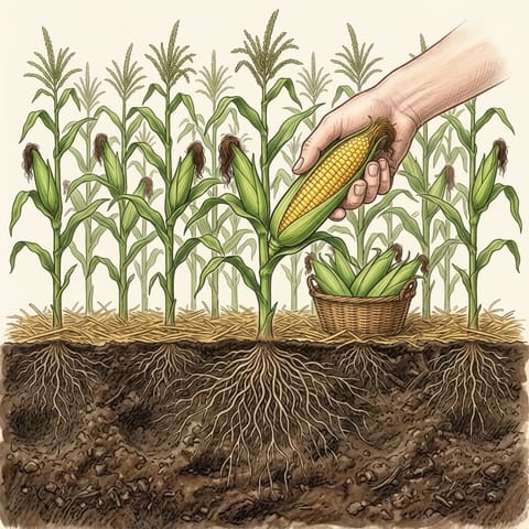 A hand twisting a ripe cob off the stalk beside a basket