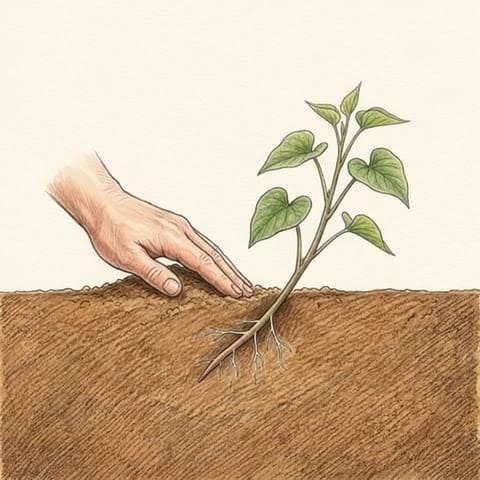 A hand firming soil around a newly planted sweet potato slip