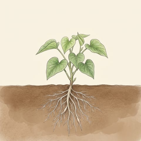 A young sweet potato plant with new leaves and spreading roots
