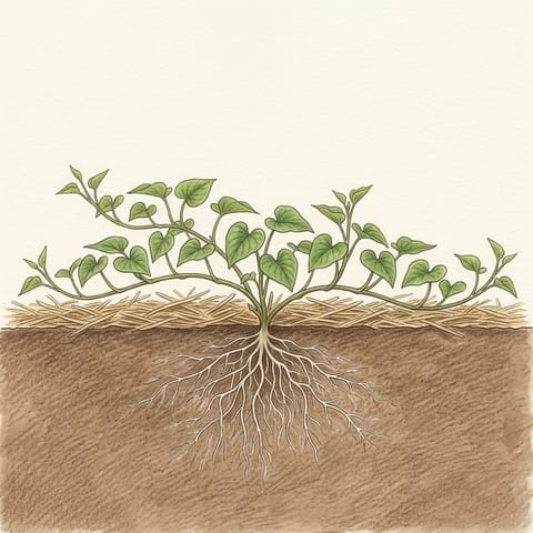 Sweet potato vines starting to spread over straw mulch