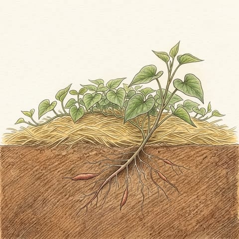 Leafy vines above, small swelling roots below