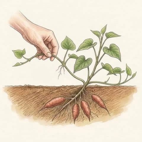 A hand lifting a vine that has rooted into the soil