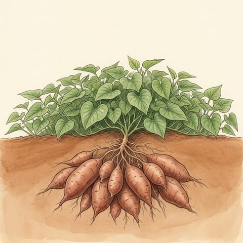 A thick mat of vines above plump tubers