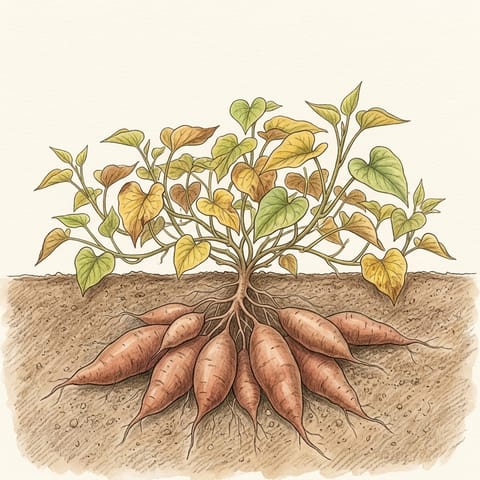 Yellowing leaves above a cluster of large sweet potatoes