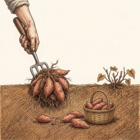 A fork lifting sweet potatoes beside a basket