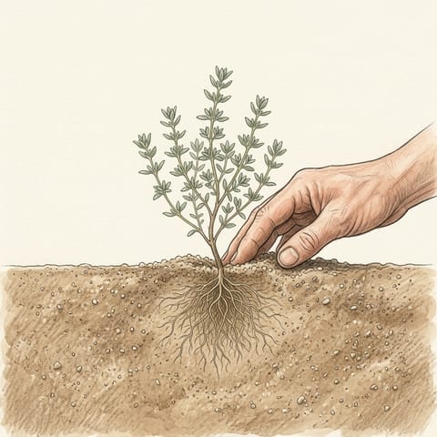 A young thyme plant just planted in gritty soil