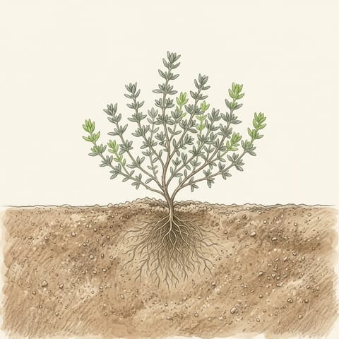 A young thyme plant growing fresh green shoots