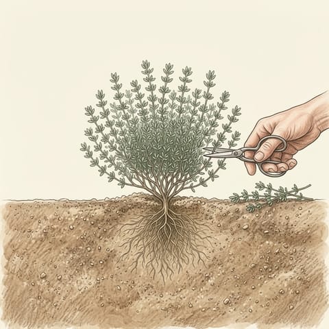 A hand snipping sprigs from a small thyme plant