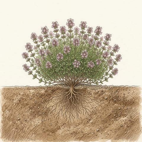 A thyme bush covered in tiny pale pink flowers