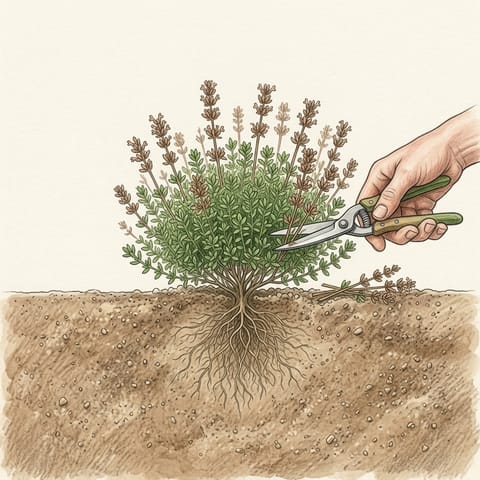 Hand shears trimming the faded flower stems off a thyme bush