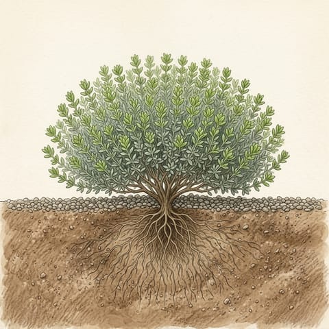 A bigger thyme bush in spring with fresh green growth