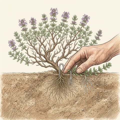 An old woody thyme plant with a low stem pegged into the soil to root