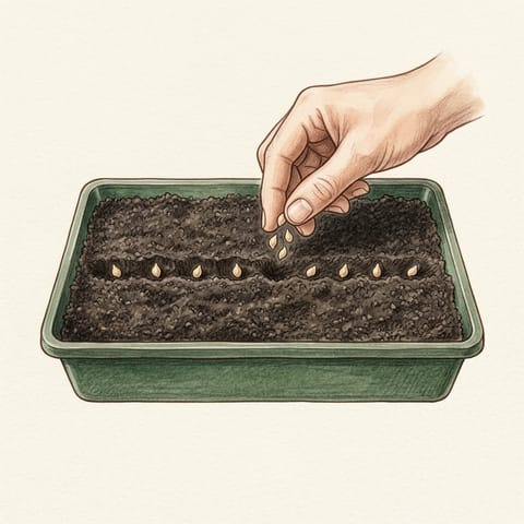 Tomato seeds being sown in a seed tray