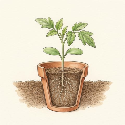 A tomato seedling in a small pot