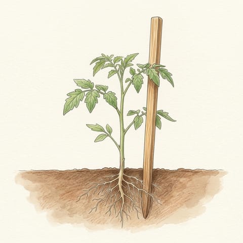 A young tomato planted deep beside a stake