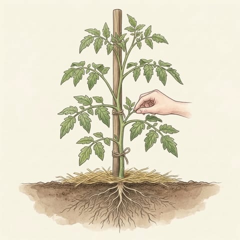A staked tomato with a side shoot being pinched out