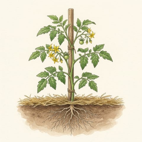 A staked tomato with yellow flowers