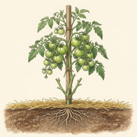 Trusses of green tomatoes on the plant
