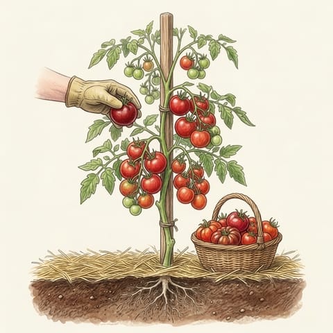 A hand picking ripe tomatoes into a basket
