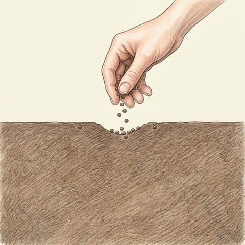 A hand sowing turnip seeds along a shallow drill