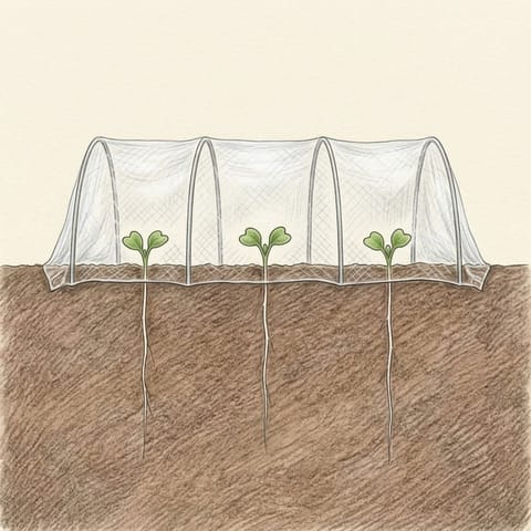 Turnip seedlings under fine insect mesh on hoops