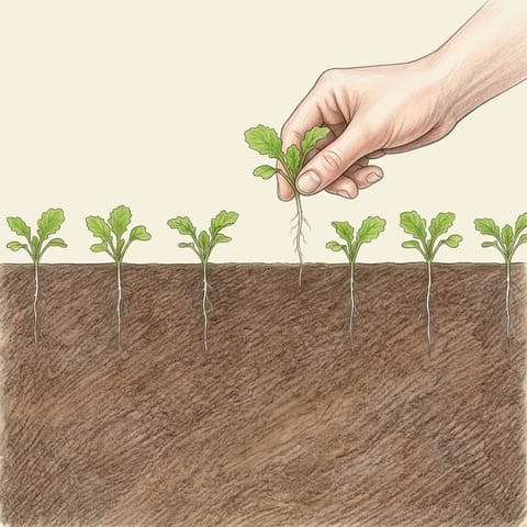 Fingers pulling a spare turnip seedling from the row