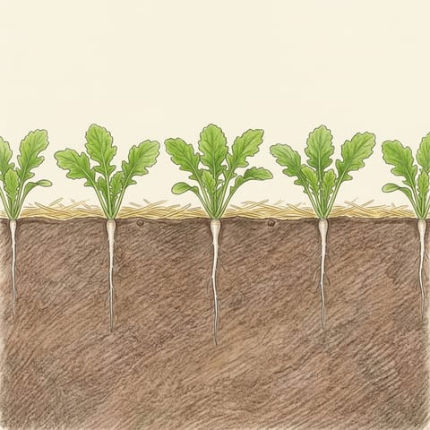 Young turnip plants with straw on the soil between them