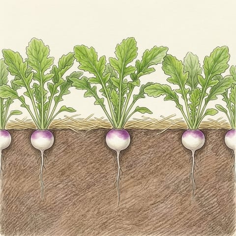 Turnip roots starting to swell below leafy tops