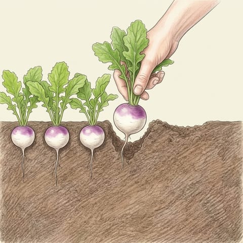 A hand pulling a small turnip from the row