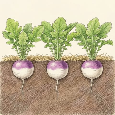 Full-sized turnips sitting half out of the soil