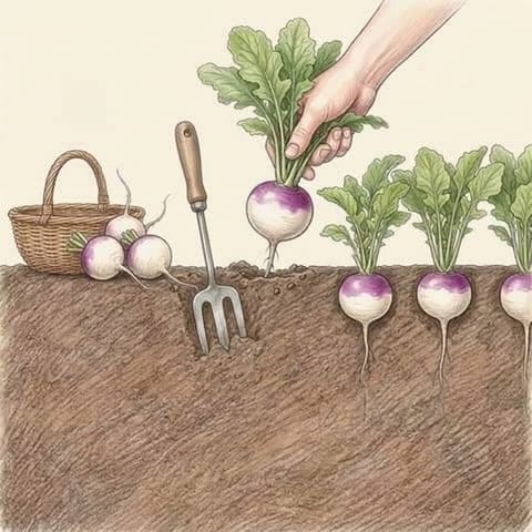 A hand lifting a turnip beside a basket