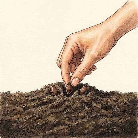 Watermelon seeds being pressed into a low mound of soil