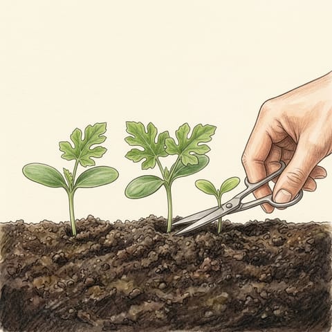 Three watermelon seedlings, the weakest one being snipped off