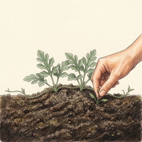 Two young watermelon plants with vines starting to run along the soil