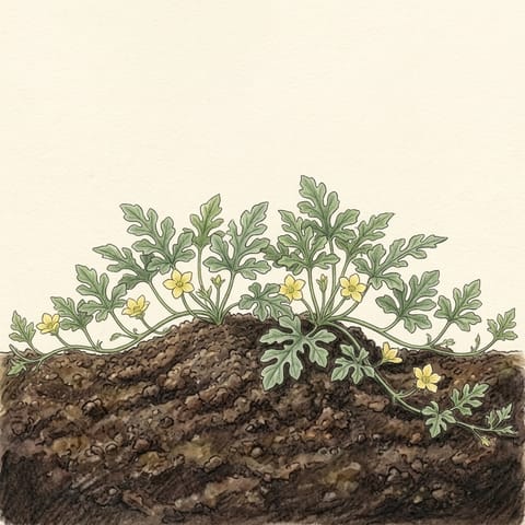 Watermelon vines with small pale yellow flowers among the leaves