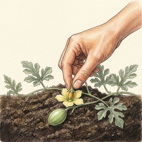 A male flower being dabbed into a female flower with a tiny watermelon behind it