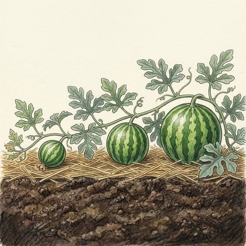 Young striped watermelons growing along the vines on straw mulch