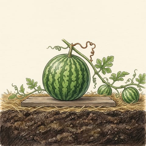 A big striped watermelon sitting on a board on straw mulch