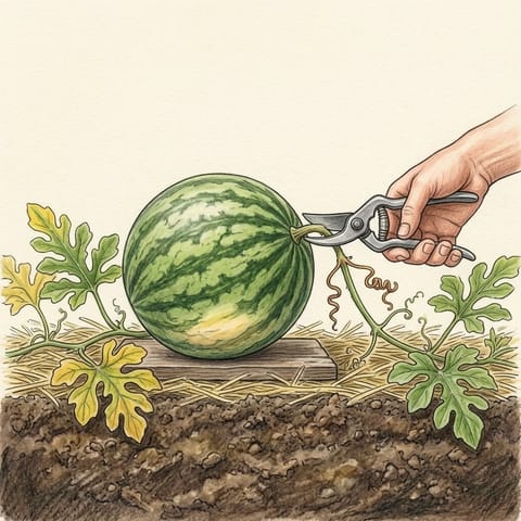 A hand cutting a ripe watermelon from the vine