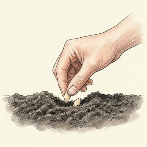 Zucchini seeds being pressed into a low mound of soil