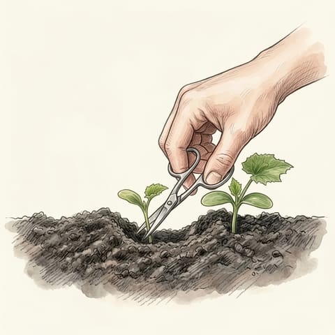 Two zucchini seedlings, the weaker one being snipped off