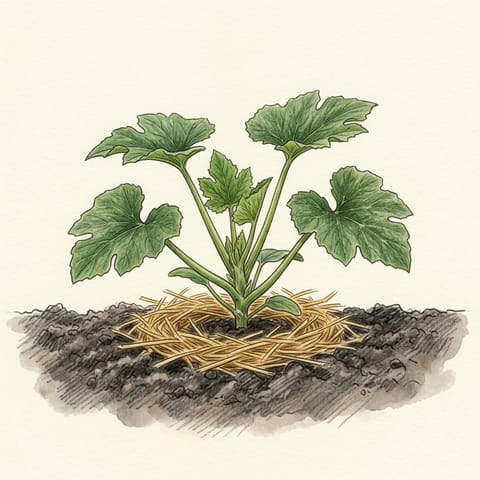A young zucchini plant with large leaves and straw mulch