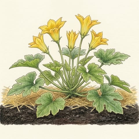 A zucchini plant with large yellow flowers