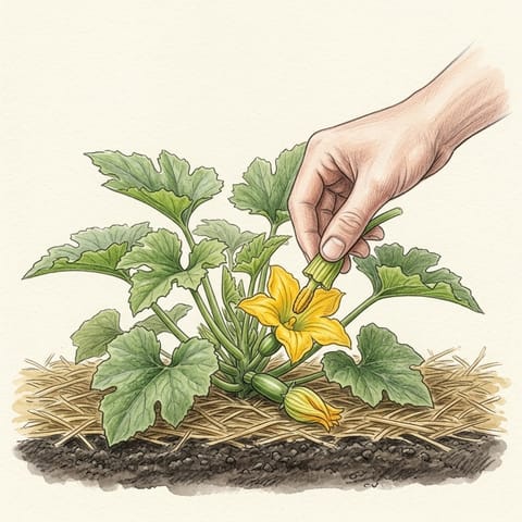 A male flower being dabbed into a female flower with a tiny fruit behind it