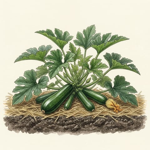 Young green zucchini growing from the centre of the plant